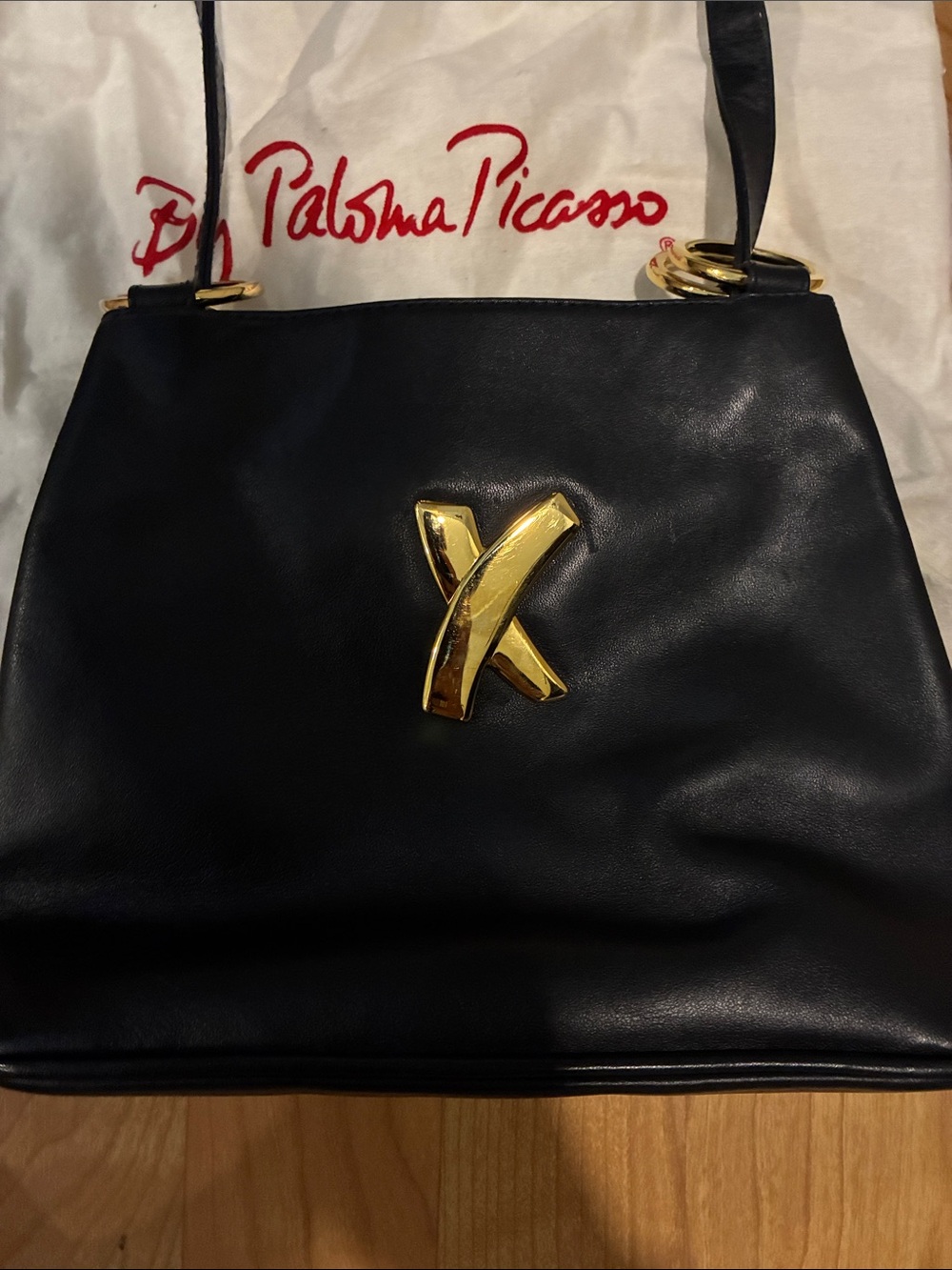 Paloma Picasso Black Leather Shoulder Bag with Gold X Emblem